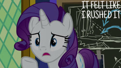 Size: 1280x720 | Tagged: safe, edit, edited screencap, editor:quoterific, imported from derpibooru, screencap, rarity, pony, unicorn, season 9, sparkle's seven, spoiler:s09, chalkboard, female, mare, open mouth, solo, twilight's castle