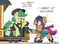 Size: 2241x1671 | Tagged: safe, artist:bobthedalek, imported from derpibooru, sunny starscout, oc, earth pony, pony, spoiler:my little pony: a new generation, bag, earth pony oc, female, g5, hat, helmet, mare, my little pony: a new generation, reference, reference in comments, roller skates, rollerblades, scene interpretation, skitching, some mothers do ave em, tram, trolley, unamused
