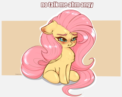 Size: 1500x1197 | Tagged: safe, artist:inkypuso, imported from derpibooru, fluttershy, pegasus, pony, angry, blushing, chest fluff, cute, female, floppy ears, madorable, mare, meme, no talk me im angy, pouting, shyabetes, sitting, solo, text, weapons-grade cute