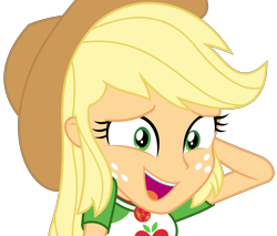 Size: 3731x3178 | Tagged: safe, artist:sketchmcreations, imported from derpibooru, applejack, equestria girls, equestria girls series, holidays unwrapped, spoiler:eqg series (season 2), applejack's hat, awkward smile, clothes, cowboy hat, cute, female, freckles, geode of super strength, hat, high res, jackabetes, magical geodes, nervous, o come all ye squashful, open mouth, raised arm, shirt, simple background, smiling, solo, stetson, transparent background, vector