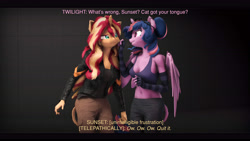 Size: 9600x5400 | Tagged: safe, artist:imafutureguitarhero, derpibooru exclusive, imported from derpibooru, sci-twi, sunset shimmer, twilight sparkle, alicorn, anthro, classical unicorn, unicorn, series:twilight's sexual deviancy, 3d, absurd resolution, adorable face, adorkable, arm fluff, arm freckles, belly button, black bars, cargo pants, cheek fluff, chest fluff, chest freckles, chromatic aberration, clothes, cloven hooves, colored eyebrows, colored eyelashes, conversation, cute, descriptive noise, detailed hair, dialogue, dork, duo, ear fluff, ear freckles, ear piercing, earring, evening gloves, female, film grain, floppy ears, fluffy, fluffy mane, freckles, fur, glasses, gloves, grin, horn, jacket, jewelry, leather jacket, leonine tail, lesbian, long gloves, long hair, long mane, long nails, looking at each other, looking at someone, mare, midriff, multicolored hair, multicolored mane, multicolored tail, mute, nose wrinkle, paintover, pants, peppered bacon, piercing, pulling, raised eyebrow, revamped anthros, revamped ponies, scitwilicorn, scitwishimmer, shipping, shirt, shoulder fluff, shoulder freckles, signature, smiling, source filmmaker, stage.bsp, striped gloves, subtitles, sunset shimmer is not amused, sunsetsparkle, tail, tail fluff, talking, tanktop, telepathy, text, twilight sparkle (alicorn), unamused, varying degrees of amusement, wall of tags, zipper, zippermouth