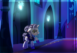 Size: 2940x2040 | Tagged: safe, artist:stormcloud-yt, imported from derpibooru, rarity, pony, unicorn, alternate hairstyle, alternate timeline, base used, female, high res, hoof shoes, indoors, mare, night maid rarity, nightmare takeover timeline, raised hoof, solo