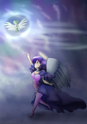 Size: 2059x2912 | Tagged: safe, artist:stormcloud-yt, imported from derpibooru, oc, oc only, human, clothes, duo, flying, halo, high res, humanized, winged humanization, wings