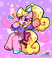 Size: 2943x3287 | Tagged: safe, artist:shyshyoctavia, imported from derpibooru, oc, oc:sugar sprinkles, anthro, earth pony, bow, chibi, clothes, ear piercing, earring, food, hat, high res, hoof heart, hot pink, jewelry, kemono, multicolored hooves, party hat, piercing, pink, purple, shorts, solo, sprinkles, sweater, tail, tail bow