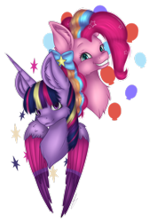 Size: 2060x2911 | Tagged: safe, artist:maneblue, imported from derpibooru, pinkie pie, twilight sparkle, alicorn, pony, chest fluff, duo, ear fluff, female, high res, mare, rainbow power, simple background, transparent background