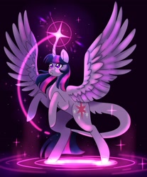 Size: 2179x2632 | Tagged: safe, artist:mscreepyplaguedoctor, imported from derpibooru, twilight sparkle, alicorn, pony, bipedal, curved horn, female, glowing, glowing horn, gritted teeth, high res, horn, leonine tail, magic, mare, solo, tail, twilight sparkle (alicorn)