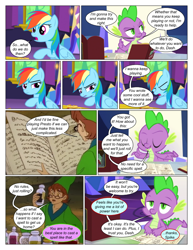 Size: 612x792 | Tagged: safe, artist:greatdinn, artist:newbiespud, edit, edited screencap, imported from derpibooru, screencap, rainbow dash, spike, dragon, pegasus, pony, comic:friendship is dragons, book, clothes, collaboration, comic, dialogue, female, glasses, male, mare, screencap comic, thinking