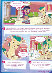 Size: 3470x4905 | Tagged: safe, imported from derpibooru, hitch trailblazer, sunny starscout, bird, earth pony, pony, rabbit, seagull, animal, blushing, comic, critter magnet, critters, g5, magazine, magazine scan, my little pony: a new generation, roller skates