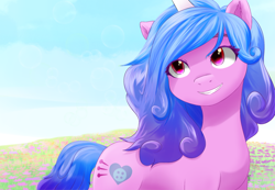 Size: 998x690 | Tagged: safe, artist:silky soya, imported from derpibooru, izzy moonbow, pony, unicorn, cloud, cute, day, eyebrows, eyelashes, female, flower, g5, grin, horn, looking up, mare, my little pony: a new generation, outdoors, signature, sky, smiling, solo