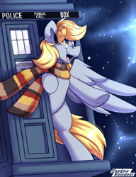 Size: 1000x1300 | Tagged: safe, artist:shadowreindeer, imported from derpibooru, derpy hooves, pegasus, pony, clothes, doctor who, fourth doctor's scarf, scarf, solo, space, striped scarf, tardis