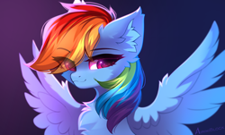 Size: 3192x1925 | Tagged: safe, artist:airiniblock, imported from derpibooru, rainbow dash, pegasus, pony, bust, chest fluff, ear fluff, eye clipping through hair, eyebrows, eyebrows visible through hair, eyelashes, female, fluffy, gradient background, high res, mare, rcf community, signature, smiling, solo, spread wings, wallpaper, wing fluff, wings