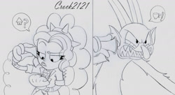 Size: 1280x696 | Tagged: safe, artist:crock2121, imported from derpibooru, adagio dazzle, demon, equestria girls, equestria girls series, sunset's backstage pass!, spoiler:eqg series (season 2), clothes, comic, crossover, cuphead, devil, female, male, monochrome, music festival outfit, rubber hose animation, simple background, style emulation, the devil, traditional art