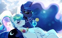 Size: 1920x1183 | Tagged: safe, artist:walliscolours, imported from derpibooru, princess celestia, princess luna, alicorn, pony, alcohol, alternate hairstyle, blushing, chest fluff, drinking, eyes closed, flower, leg fluff, luna is not amused, royal sisters, siblings, sisters, sunglasses, sweat, sweatdrops, unamused, vacation