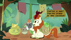 Size: 1422x800 | Tagged: safe, artist:hakar-kerarmor, imported from derpibooru, autumn blaze, kirin, sounds of silence, coconut, female, food, frontier psychiatrist, hand puppet, mare, solo, song reference, the avalanches