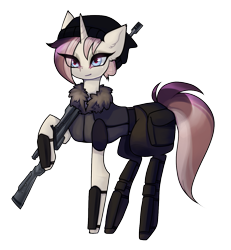 Size: 1275x1380 | Tagged: safe, artist:minty--fresh, imported from derpibooru, oc, unicorn, armor, bag, beanie hat, blue eyes, ear fluff, gun, multicolored hair, saddle bag, simple background, solo, swat, transparent background, weapon