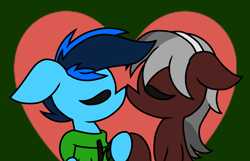 Size: 2500x1614 | Tagged: safe, artist:derpyalex2, imported from derpibooru, oc, oc:shy-fly, oc:snowblaze, earth pony, pegasus, pony, clothes, heart, hoof hold, jacket, kissing, love, sweater