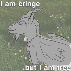 Size: 2041x2048 | Tagged: safe, artist:thechaoticboop, derpibooru exclusive, edit, edited edit, imported from derpibooru, discord, draconequus, antlers, cringing, discord being discord, flower, grass, happy, irl, male, meme, text
