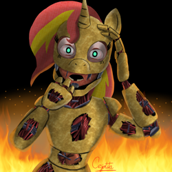 Size: 1280x1280 | Tagged: safe, artist:cjv2004, imported from derpibooru, sunset shimmer, human, unicorn, equestria girls, fiery shimmer, fire, five nights at freddy's, pain, scene interpretation, screaming, springtrap, yelling