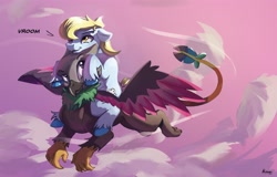 Size: 2400x1539 | Tagged: safe, artist:kam, imported from derpibooru, oc, oc only, earth pony, griffon, pony, ponies riding griffons, riding