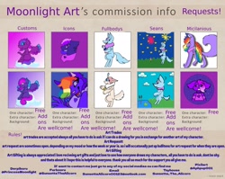 Size: 1880x1500 | Tagged: safe, artist:princessmoonlight, imported from derpibooru, oc, oc:lottie, oc:moonlight stars, oc:pinkie, oc:roselight stars, oc:starbeam, pony, advertisement, bell, cloud, commission, commission info, commission open, fireworks, full body, furry, icon, multicolored hair, multiple ocs, rainbow hair, rules, simple background, smiling, social media, stars, wings