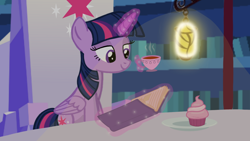 Size: 1280x720 | Tagged: safe, artist:mlplary6, imported from derpibooru, twilight sparkle, alicorn, pony, book, cupcake, cutie map, female, food, reading, solo, tea, twilight sparkle (alicorn), twilight's castle