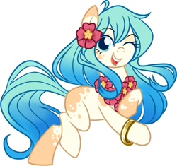 Size: 921x867 | Tagged: safe, artist:xwhitedreamsx, imported from derpibooru, oc, oc only, oc:seascape, earth pony, pony, bracelet, cute, earth pony oc, flower, flower in hair, gradient mane, jewelry, lei, looking at you, missing cutie mark, mottled coat, one eye closed, open mouth, simple background, solo, white background, wink, winking at you