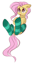 Size: 789x1491 | Tagged: safe, artist:vetta, imported from derpibooru, fluttershy, pegasus, pony, :p, blushing, clothes, cute, dock, ear fluff, female, floppy ears, full body, heart eyes, hooves, legs in air, lying down, mare, on back, shyabetes, simple background, socks, solo, stockings, striped socks, tail, thigh highs, tongue out, white background, wingding eyes