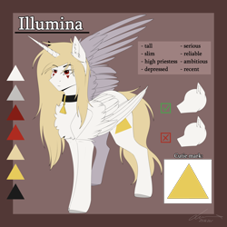 Size: 4400x4400 | Tagged: safe, artist:lunciakkk, imported from derpibooru, oc, oc:illumina, alicorn, collar, female, reference sheet, solo