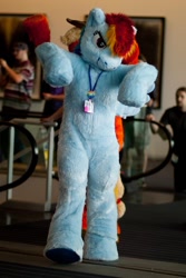 Size: 800x1200 | Tagged: safe, artist:spainfischer, imported from derpibooru, applejack, rainbow dash, anthro, earth pony, human, pegasus, pony, 2011, convention, fursuit, g4, hooves, irl, irl human, lanyard, photo, ponysuit, pose, raised hoof, raised hooves, smiling, smirk, solo focus