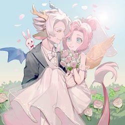 Size: 2048x2048 | Tagged: safe, artist:puzi, imported from derpibooru, angel bunny, discord, fluttershy, human, rabbit, animal, bowtie, bridal carry, carrying, clothes, crying, discoshy, dress, eared humanization, female, flower, high res, holiday, humanized, looking at each other, looking at someone, male, marriage, shipping, smiling, straight, tears of joy, teary eyes, trio, valentine's day, wedding, wedding dress, winged humanization, wings