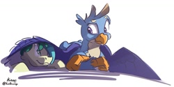 Size: 1287x651 | Tagged: safe, artist:kam, imported from derpibooru, gallus, sandbar, earth pony, griffon, pony, duo, gallbar, gay, hug, male, shipping, smiling, spread wings, wing blanket, winghug, wings