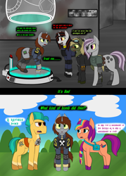Size: 2791x3897 | Tagged: safe, artist:rorrek, imported from derpibooru, hitch trailblazer, sunny starscout, oc, oc:blackjack, oc:hired gun, oc:littlepip, oc:murky, cyborg, earth pony, pegasus, pony, unicorn, fallout equestria, fallout equestria: heroes, fallout equestria: murky number seven, fallout equestria: project horizons, amputee, armor, clothes, comic, dialogue, eyepatch, fanfic art, g5, jacket, leather jacket, mane stripe sunny, my little pony: tell your tale, police, prosthetics, teleportation, tell your tale drama, time travel