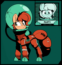 Size: 1186x1241 | Tagged: safe, artist:rexyseven, imported from derpibooru, oc, oc only, oc:rusty gears, earth pony, pony, female, freckles, heterochromia, mare, solo, spacesuit