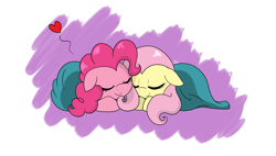 Size: 6324x3584 | Tagged: safe, artist:enviaart, imported from derpibooru, fluttershy, pinkie pie, earth pony, pegasus, pony, absurd resolution, blanket, cuddling, cute, diapinkes, duo, female, floating heart, floppy ears, flutterpie, heart, lesbian, lying down, mare, prone, shipping, shyabetes, sleeping