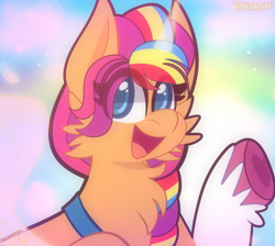 Size: 1203x1080 | Tagged: safe, artist:saveraedae, imported from derpibooru, sunny starscout, alicorn, pony, alicornified, cheek fluff, chest fluff, g5, mane stripe sunny, my little pony: a new generation, open mouth, open smile, race swap, raised hoof, sky, smiling, solo, sunnycorn