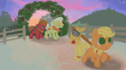 Size: 1106x620 | Tagged: safe, artist:kluzart, imported from derpibooru, applejack, big macintosh, granny smith, pony, the cutie mark chronicles, bindle, colt big macintosh, cute, female, filly, filly applejack, jackabetes, male, scene interpretation, younger