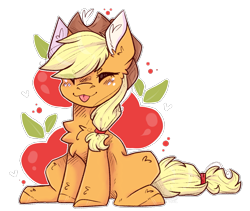 Size: 1413x1195 | Tagged: safe, artist:heart-sketch, imported from derpibooru, applejack, earth pony, pony, :3, :p, chest fluff, cute, cutie mark background, ear fluff, eyes closed, female, jackabetes, leg fluff, mare, simple background, sitting, solo, tongue out, transparent background