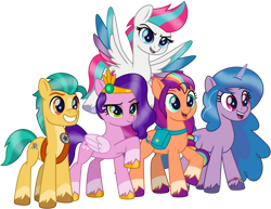 Size: 1024x792 | Tagged: safe, artist:emeraldblast63, imported from derpibooru, hitch trailblazer, izzy moonbow, pipp petals, sunny starscout, zipp storm, earth pony, pegasus, pony, unicorn, bag, bracelet, coat markings, colored wings, female, flying, folded wings, g4, g5, g5 to g4, grin, hooves, horn, jewelry, male, mane five (g5), mane stripe sunny, mare, my little pony: tell your tale, open mouth, open smile, raised hoof, satchel, simple background, smiling, socks (coat markings), spread wings, stallion, standing, tail, transparent background, unshorn fetlocks, wings