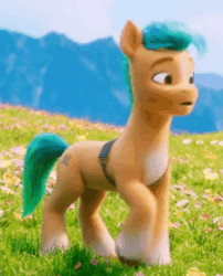 Size: 444x550 | Tagged: safe, imported from derpibooru, screencap, hitch trailblazer, earth pony, pony, animated, blinking, confused, cropped, cute, g5, gif, hitchbetes, male, my little pony: a new generation, one ear down, raised hoof, solo, stallion