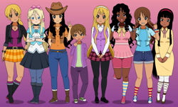 Size: 1024x620 | Tagged: safe, imported from twibooru, applejack, fluttershy, pinkie pie, rainbow dash, rarity, spike, twilight sparkle, human, boots, clothes, high heel boots, humanized, image, kisekae, mane seven, mane six, needs more jpeg, shoes, solo