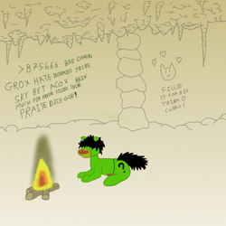 Size: 1000x1000 | Tagged: safe, artist:venanon, imported from ponybooru, oc, oc:filly anon, earth pony, cave, female, filly, fireplace, monochrome, prehistoric, rock, spongebob reference, stalactite, wall writing