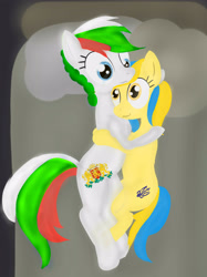 Size: 2241x3000 | Tagged: safe, artist:mitziprey, edit, imported from ponybooru, oc, oc:ukraine, pony, bulgaria, female, lesbian, nation ponies, ponified, tail, ukraine