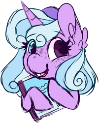 Size: 1023x1270 | Tagged: safe, artist:maximumpiracy, imported from derpibooru, oc, oc only, oc:punchline pie, pony, unicorn, book, bust, ear fluff, female, heterochromia, horn, magical lesbian spawn, mare, offspring, parent:pinkie pie, parent:trixie, parents:trixiepie, simple background, transparent background, unicorn oc