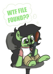 Size: 506x704 | Tagged: safe, artist:plunger, edit, editor:hotkinkajou, oc, oc:filly anon, earth pony, pony, 404, blushing, chair, clothes, computer chair, female, file not found, filly, implied penis, looking down, mare, open mouth, pants, pun, shirt, shorts, simple background, sitting, thought bubble, visual pun, white background