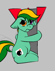 Size: 372x475 | Tagged: safe, artist:anonymous, oc, oc only, earth pony, pony, aggie.io, bomb, female, frown, hug, looking at you, mare, rocket, simple background, sitting, solo, weapon