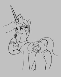 Size: 554x703 | Tagged: safe, artist:kabayo, princess celestia, oc, oc:anon, alicorn, human, pony, aggie.io, crown, female, hoof hold, hoof shoes, horn, jewelry, looking up, mare, microphone, monochrome, open mouth, peytral, regalia, simple background, smiling, talking, wings