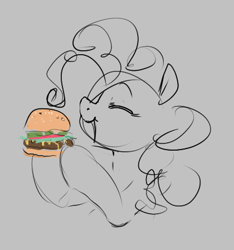 Size: 420x448 | Tagged: safe, artist:hattsy, pinkie pie, earth pony, pony, aggie.io, burger, eating, eyes closed, female, food, hamburger, mare, open mouth, simple background, smiling, solo