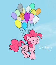 Size: 328x378 | Tagged: safe, artist:algoatall, pinkie pie, earth pony, pony, aggie.io, balloon, eyes closed, female, flying, mare, sky, smiling, solo