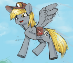 Size: 851x734 | Tagged: safe, artist:drawfag621, derpy hooves, pegasus, pony, aggie.io, bag, female, flying, hat, mare, open mouth, raised hoof, saddle bag, smiling, solo, spread wings, wings