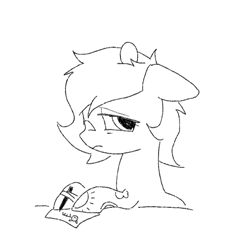 Size: 800x800 | Tagged: safe, artist:omelettepony, oc, oc:filly anon, pony, drawing, egg (food), female, filly, food, frown, mare, monochrome, paper, pen, sad, simple background